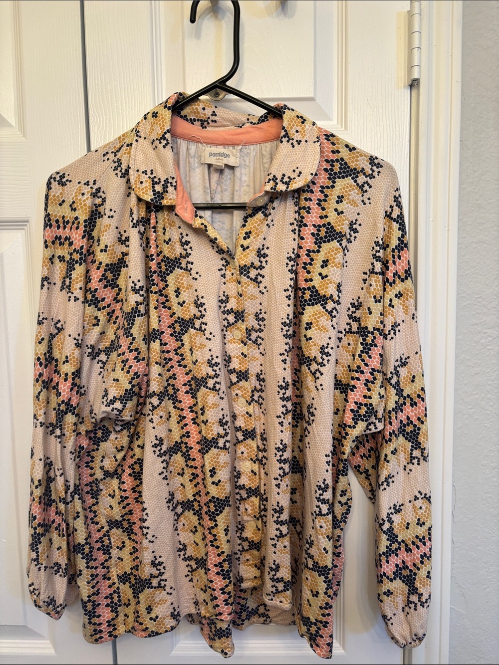 Anthropologie Beige Pink Yellow Patterned Button-Up Shirt